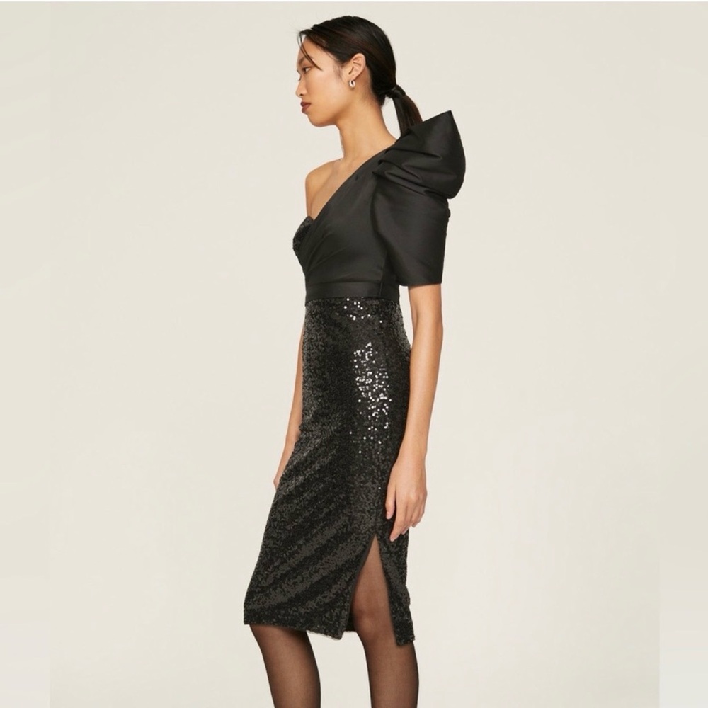 Badgley Mischka Black One-Shoulder Sequin Dress NWT Size 4 - Picture 3 of 16